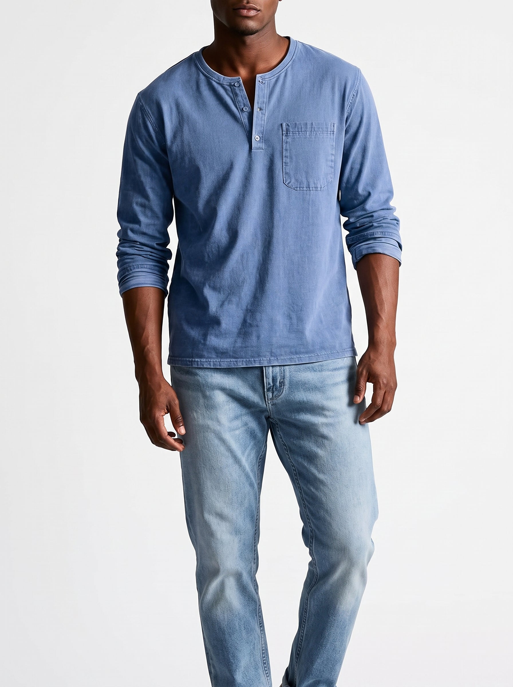 Men's Henley Shirt Long Sleeve with Chest Pocket and Button Placket
