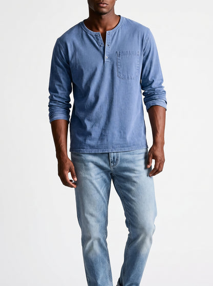 Men's Henley Shirt Long Sleeve with Chest Pocket and Button Placket