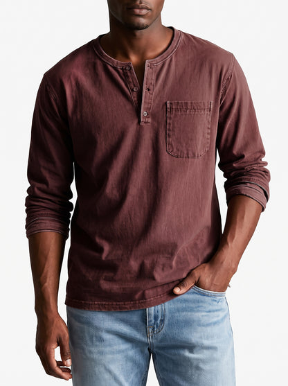 Men's Henley Shirt Long Sleeve with Chest Pocket and Button Placket