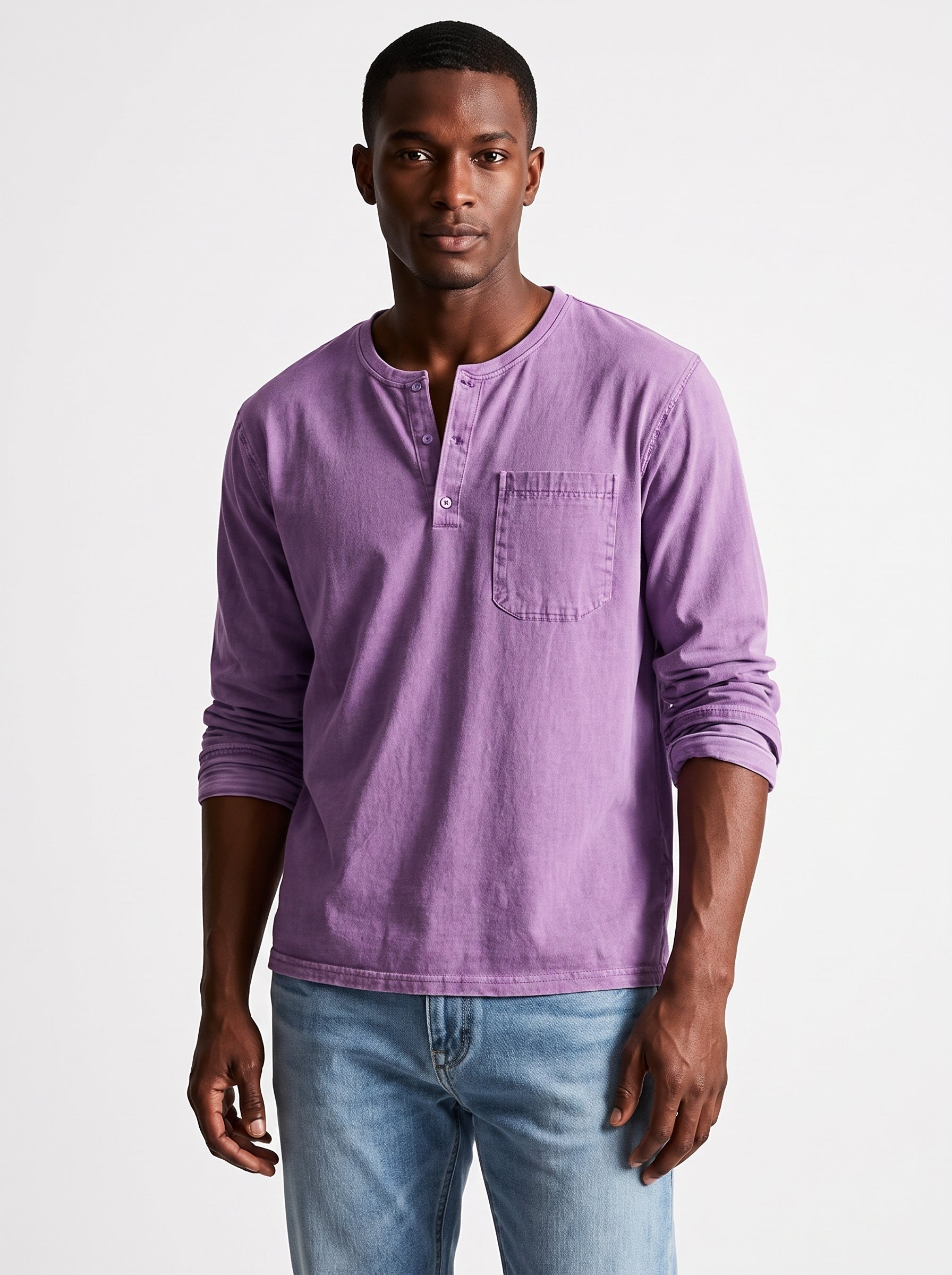 Men's Henley Shirt Long Sleeve with Chest Pocket and Button Placket