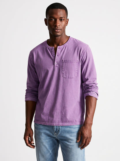 Men's Henley Shirt Long Sleeve with Chest Pocket and Button Placket