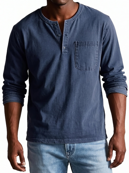 Men's Henley Shirt Long Sleeve with Chest Pocket and Button Placket