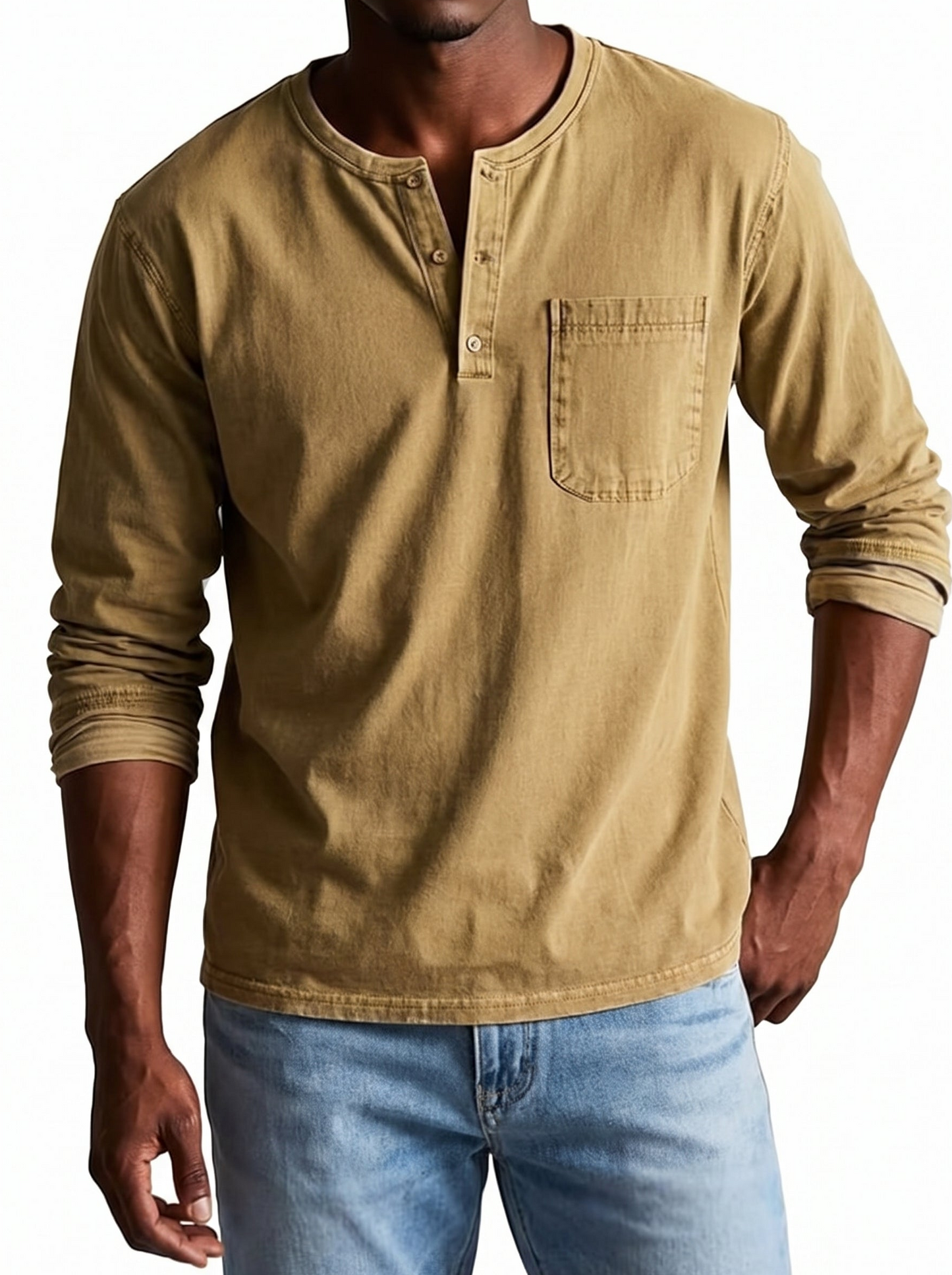Men's Henley Shirt Long Sleeve with Chest Pocket and Button Placket
