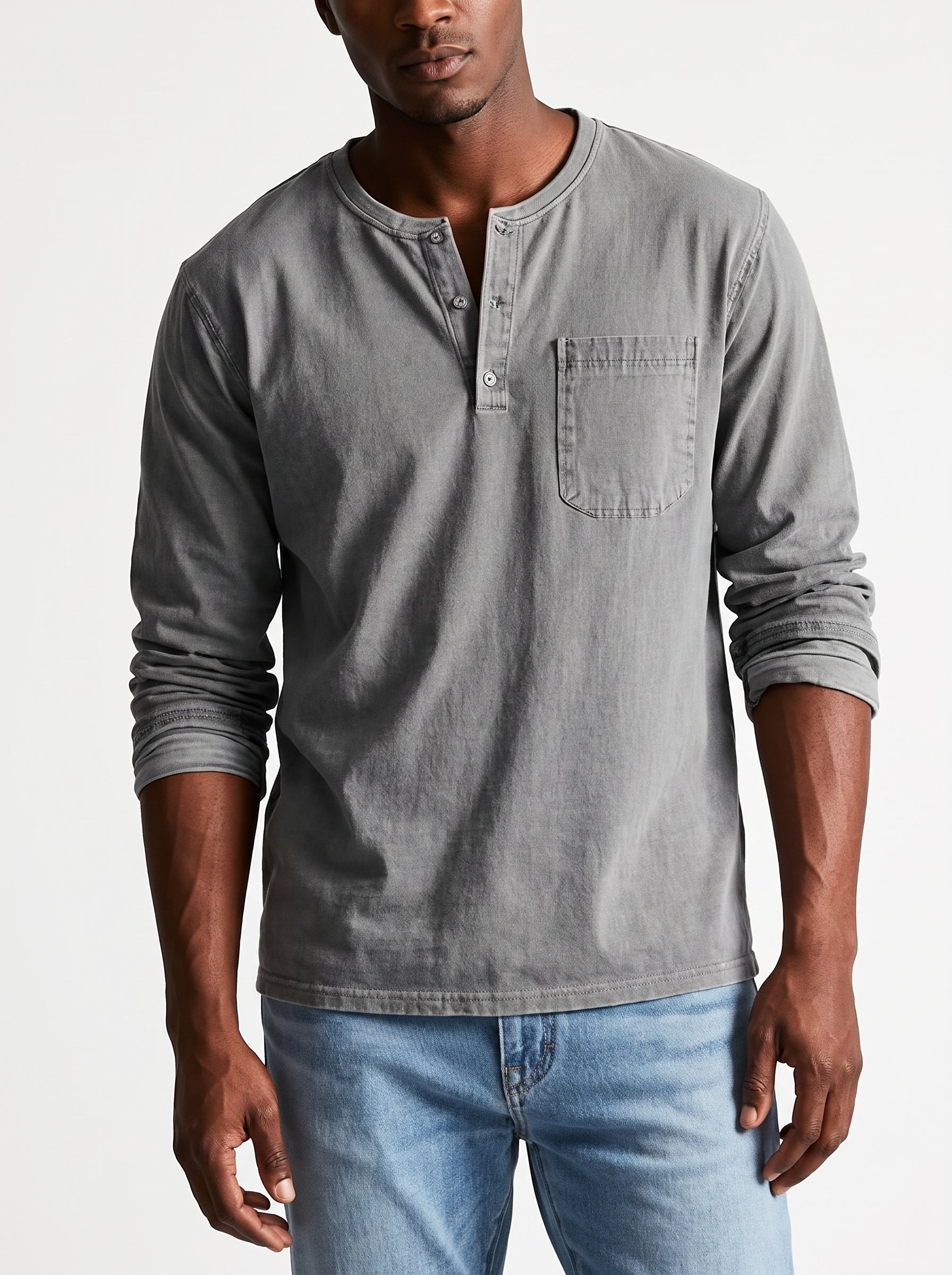 Men's Henley Shirt Long Sleeve with Chest Pocket and Button Placket