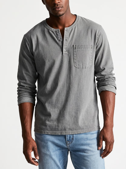 Men's Henley Shirt Long Sleeve with Chest Pocket and Button Placket