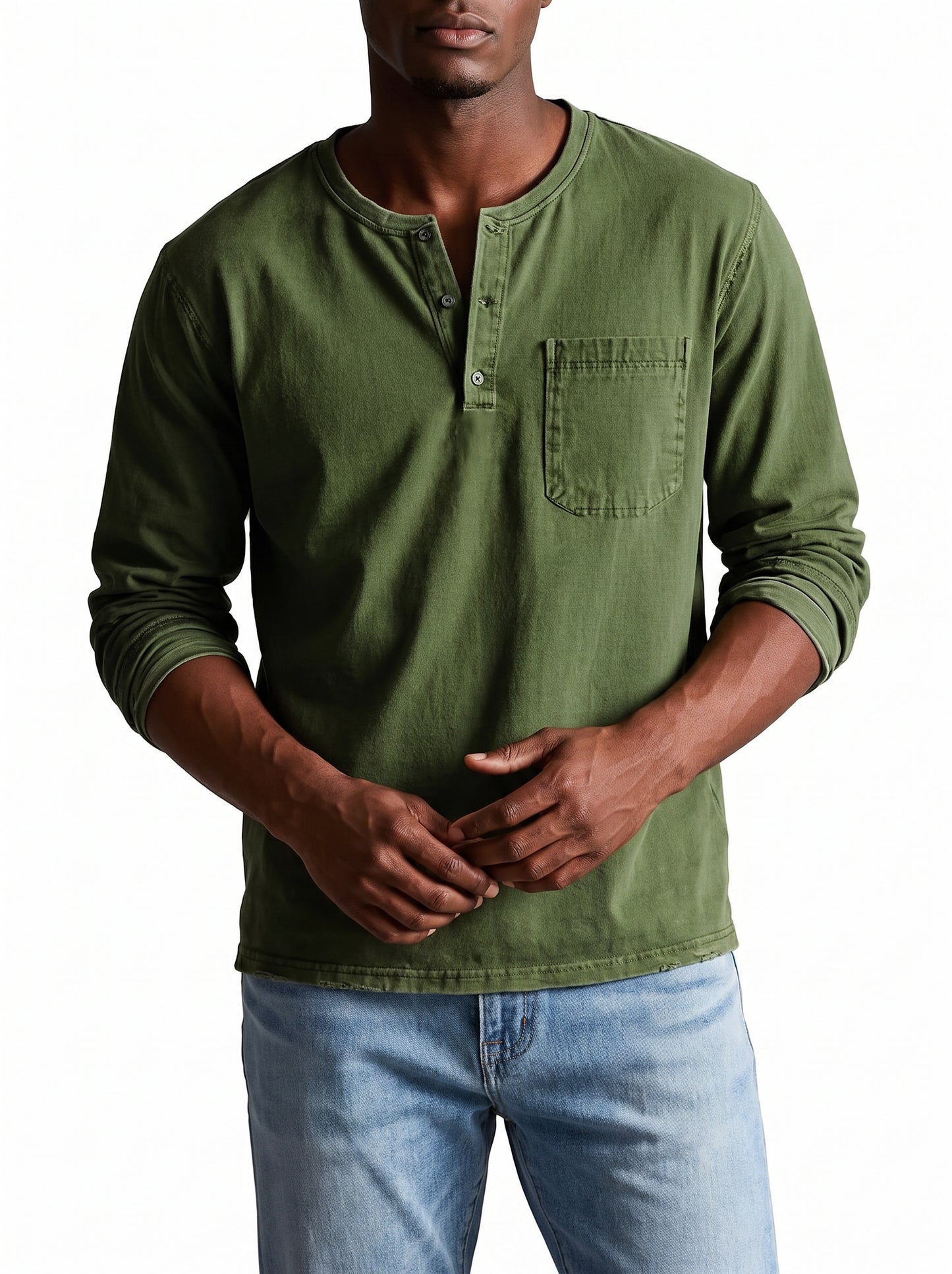 Men's Henley Shirt Long Sleeve with Chest Pocket and Button Placket