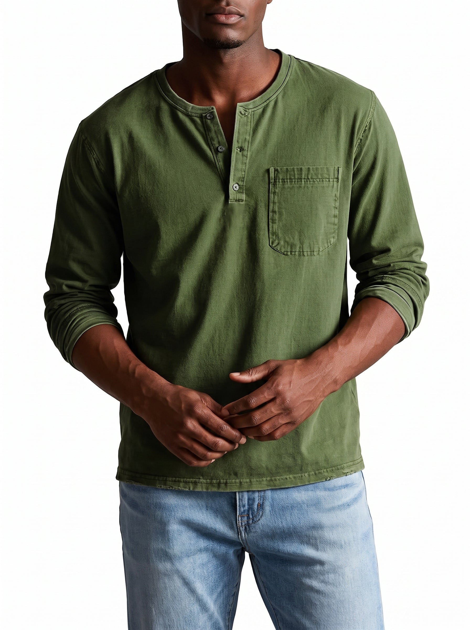 Men's Henley Shirt Long Sleeve with Chest Pocket and Button Placket