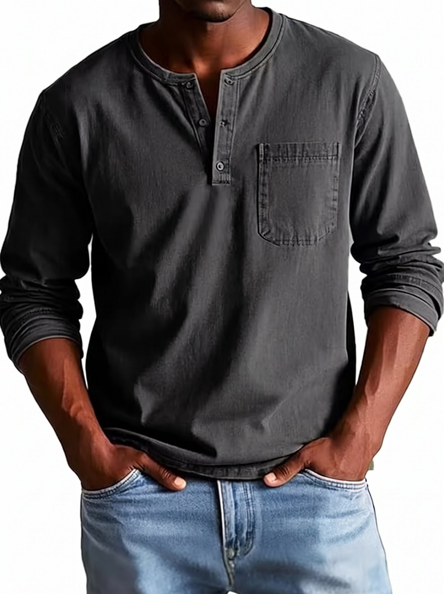 Men's Henley Shirt Long Sleeve with Chest Pocket and Button Placket