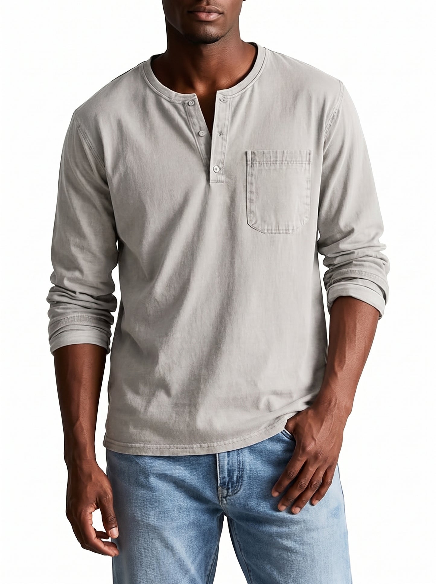 Men's Henley Shirt Long Sleeve with Chest Pocket and Button Placket