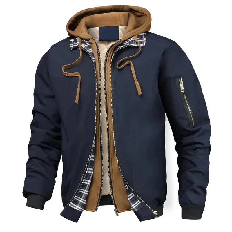 Men's Hooded Bomber Jacket with Layered Look and Sleeve Zip Pocket