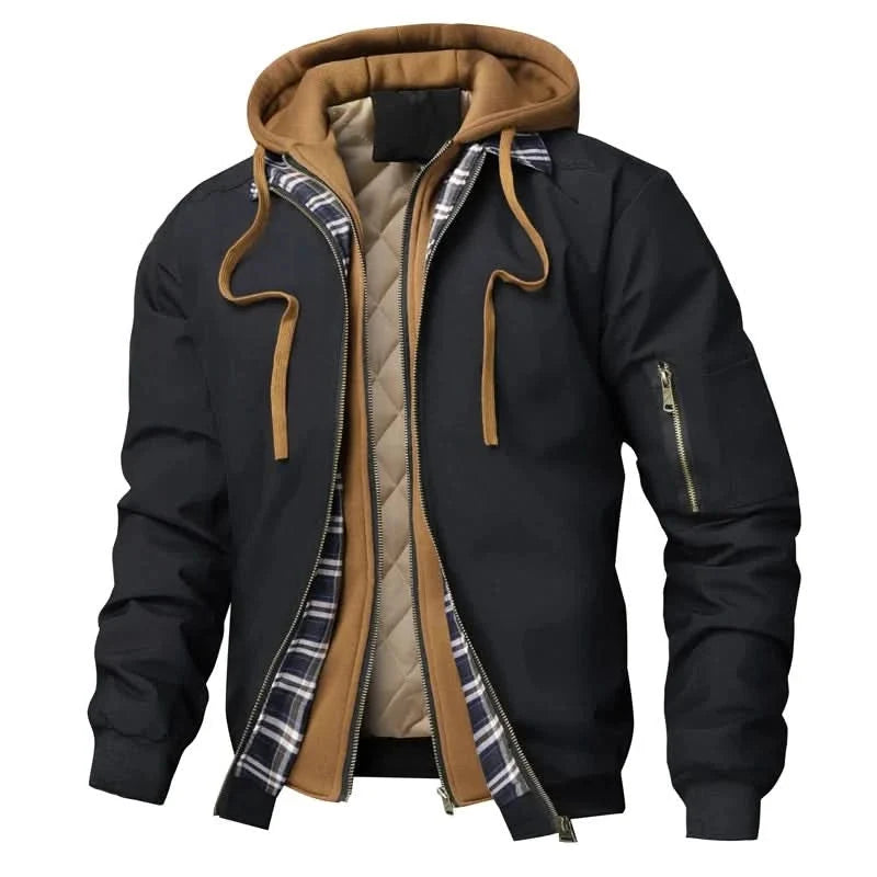 Men's Hooded Bomber Jacket with Layered Look and Sleeve Zip Pocket