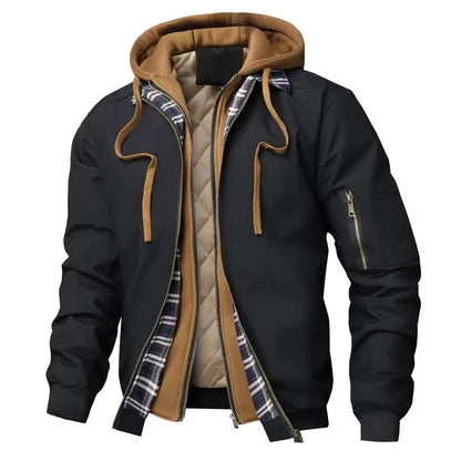 Men's Hooded Bomber Jacket with Layered Look and Sleeve Zip Pocket
