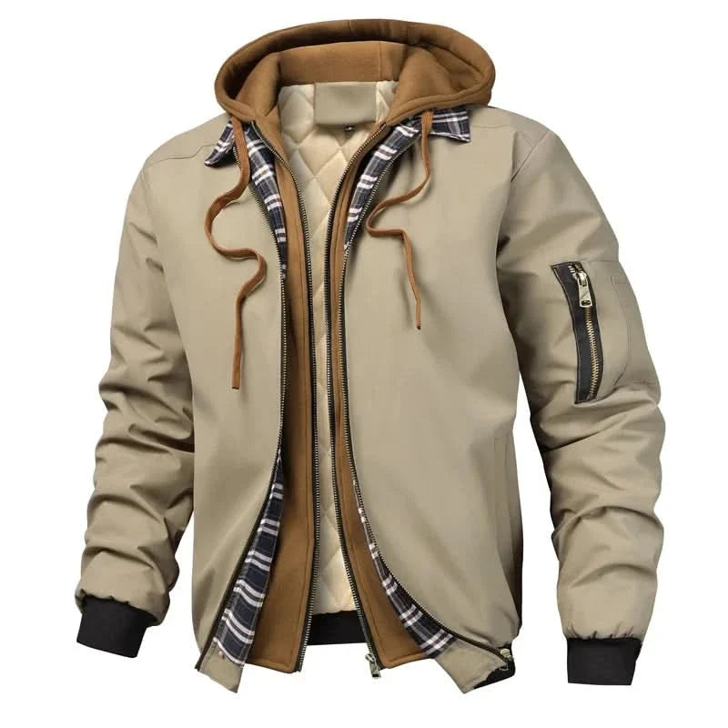Men's Hooded Bomber Jacket with Layered Look and Sleeve Zip Pocket