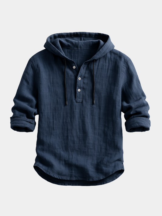Men's Hooded Shirt Long Sleeve with Button Placket and Drawstring Hood