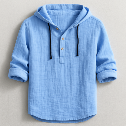 Men's Hooded Shirt Long Sleeve with Button Placket and Drawstring Hood