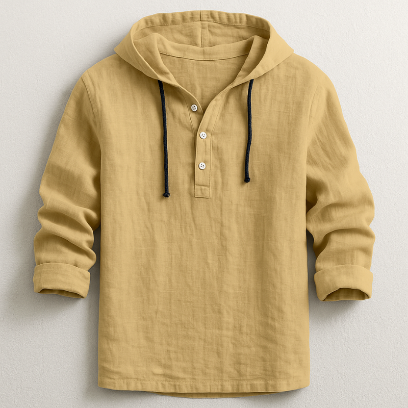 Men's Hooded Shirt Long Sleeve with Button Placket and Drawstring Hood