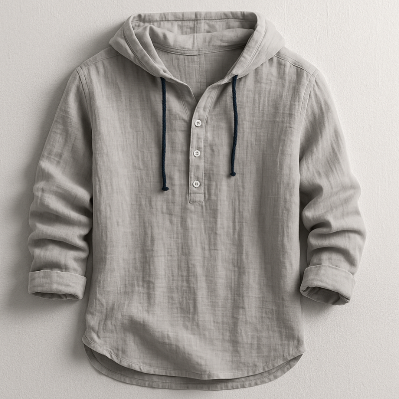 Men's Hooded Shirt Long Sleeve with Button Placket and Drawstring Hood