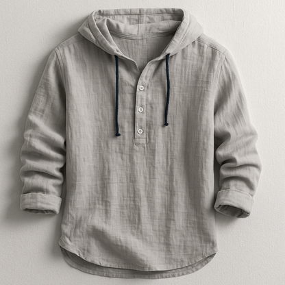 Men's Hooded Shirt Long Sleeve with Button Placket and Drawstring Hood