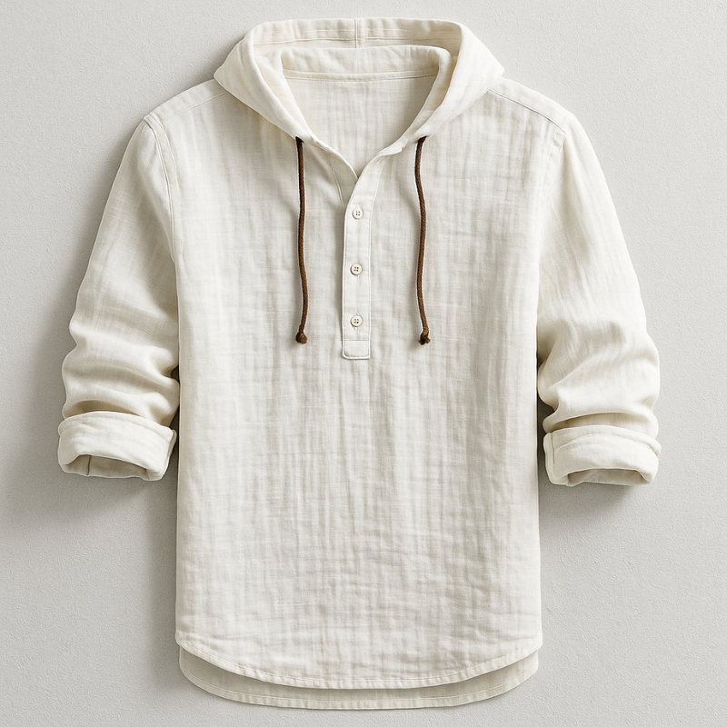 Men's Hooded Shirt Long Sleeve with Button Placket and Drawstring Hood