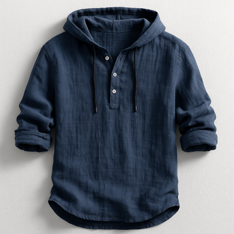 Men's Hooded Shirt Long Sleeve with Button Placket and Drawstring Hood