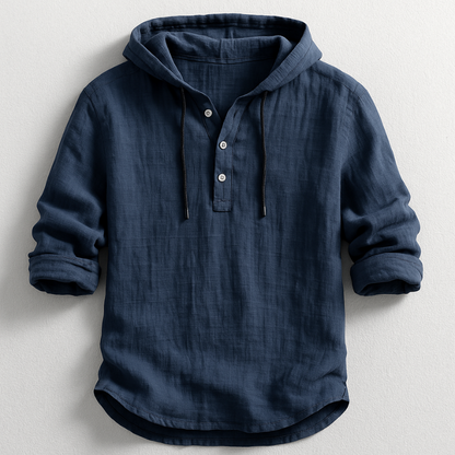 Men's Hooded Shirt Long Sleeve with Button Placket and Drawstring Hood