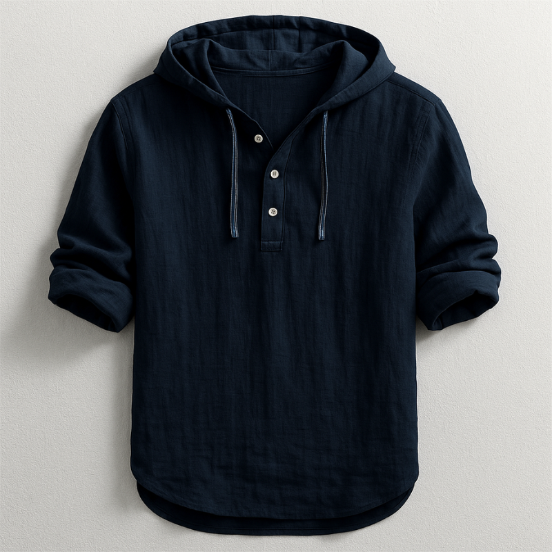 Men's Hooded Shirt Long Sleeve with Button Placket and Drawstring Hood