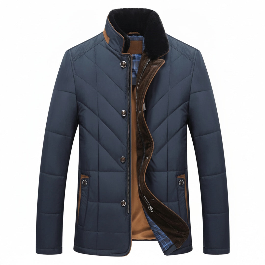 Men's Insulated Winter Jacket with Stand Collar and Button and Zip Closure