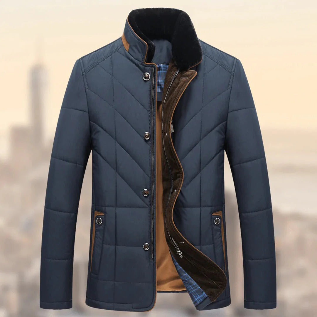Men's Insulated Winter Jacket with Stand Collar and Button and Zip Closure