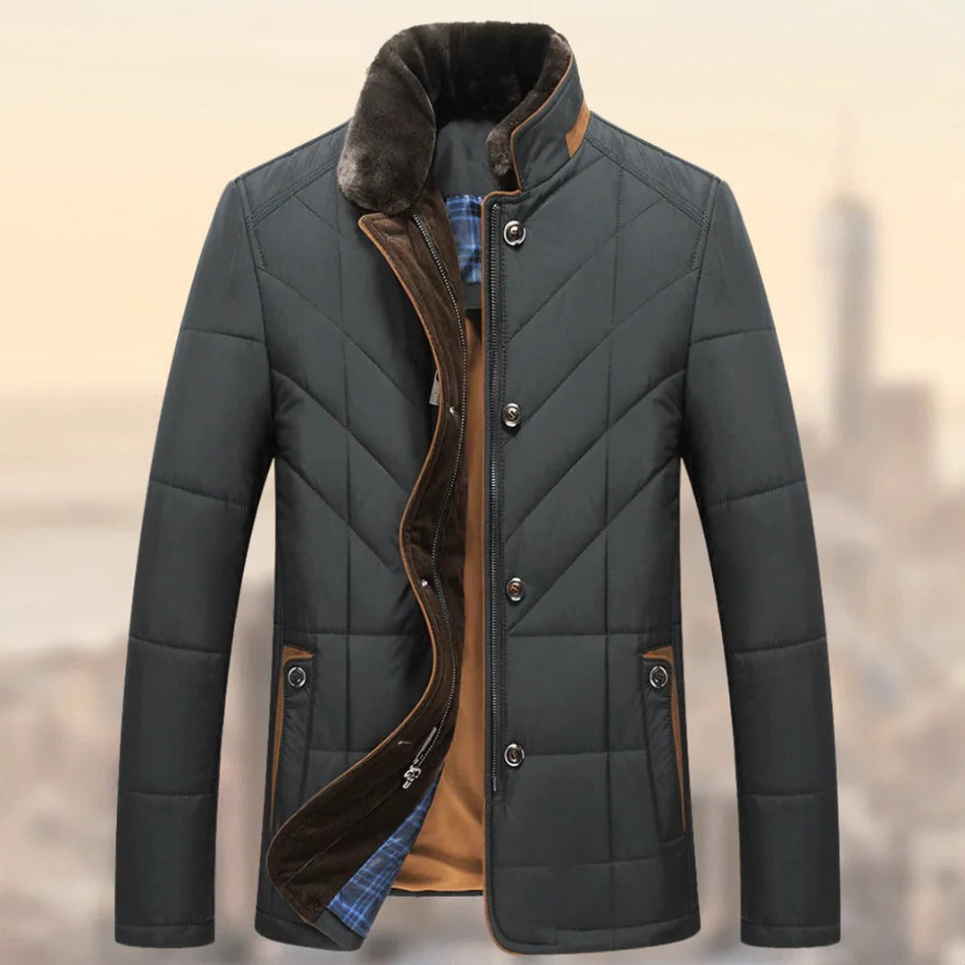 Men's Insulated Winter Jacket with Stand Collar and Button and Zip Closure