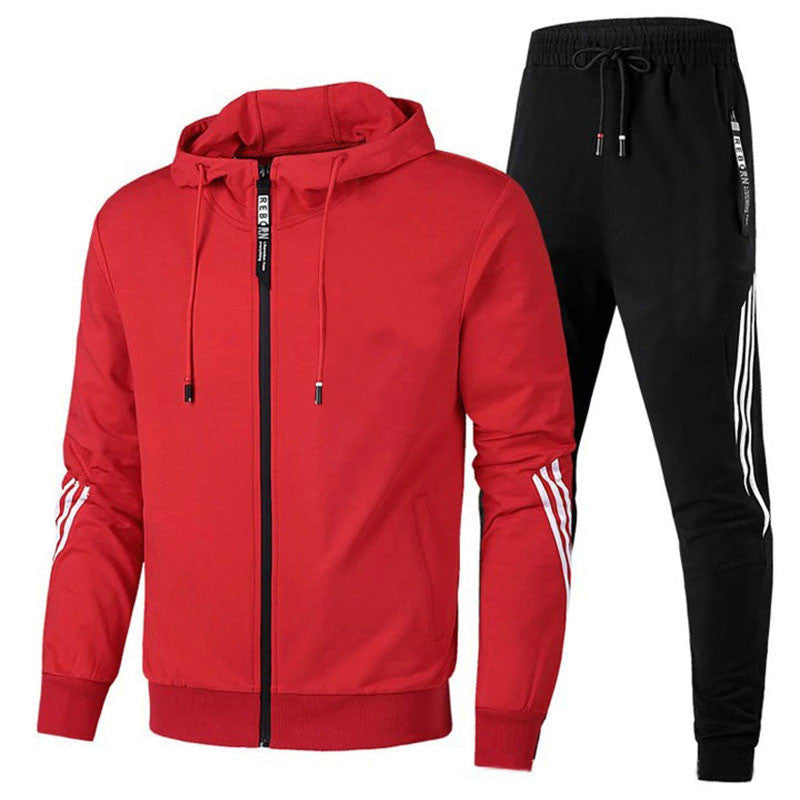 Men's Jogging Suit Tracksuit with Hood and Zip-Up Jacket with Side Stripes