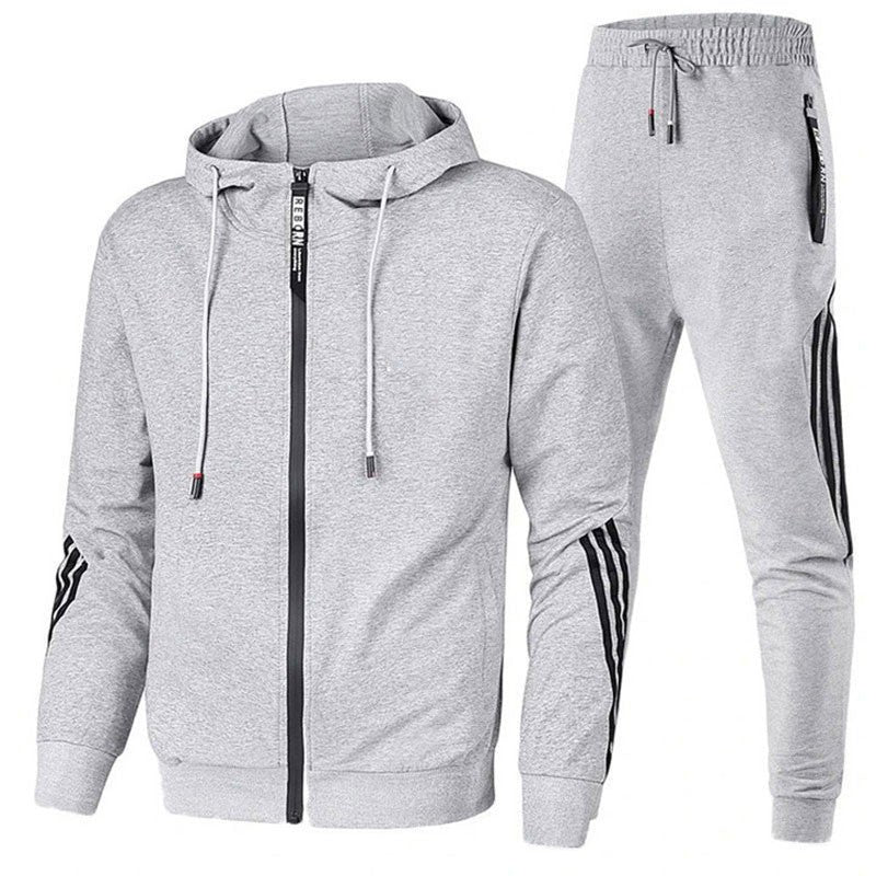 Men's Jogging Suit with Hood and Zip-Up Jacket with Stripe Detail