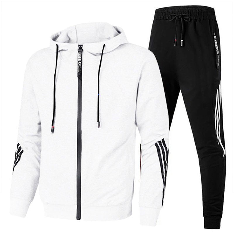 Men's Jogging Suit with Hood and Zip-Up Jacket with Stripe Detail