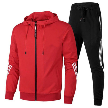 Men's Jogging Suit with Hood and Zip-Up Jacket with Stripe Detail