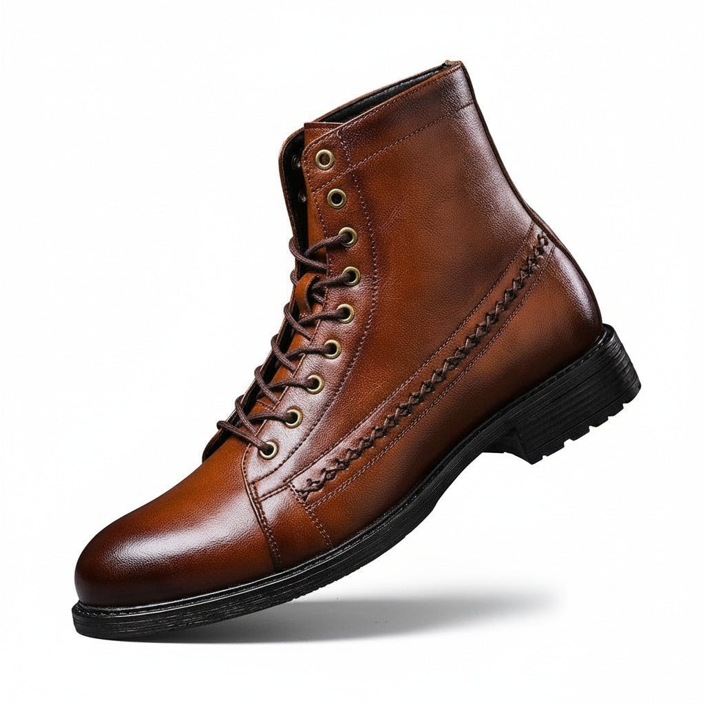 Men's Lace-Up Ankle Boots with Cap Toe and Braided Stitch Detail