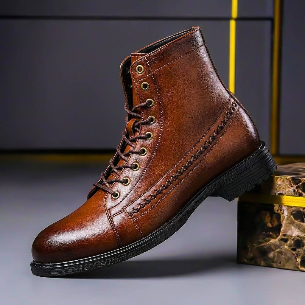 Men's Lace-Up Ankle Boots with Cap Toe and Braided Stitch Detail