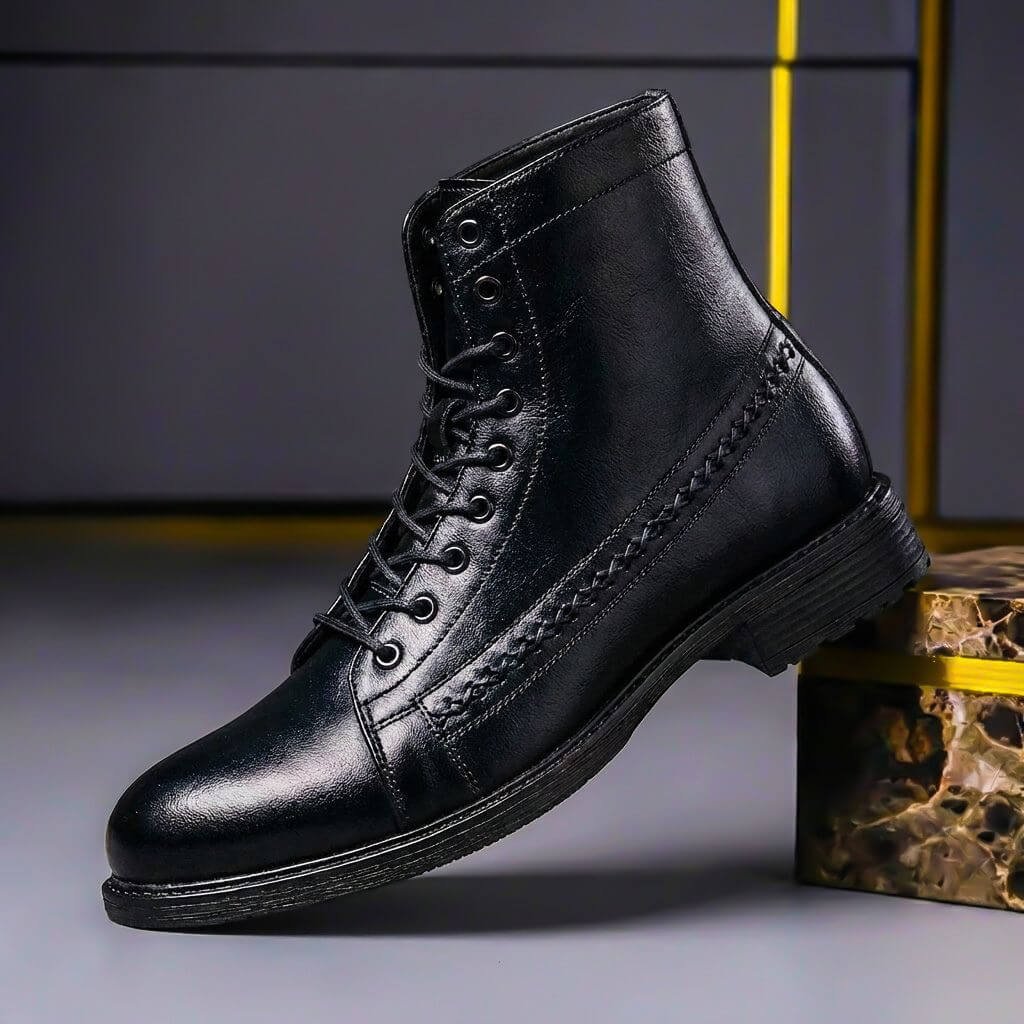 Men's Lace-Up Ankle Boots with Cap Toe and Braided Stitch Detail