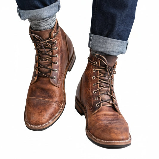 Men's Lace-Up Ankle Boots with Cap-Toe and Vintage Finish