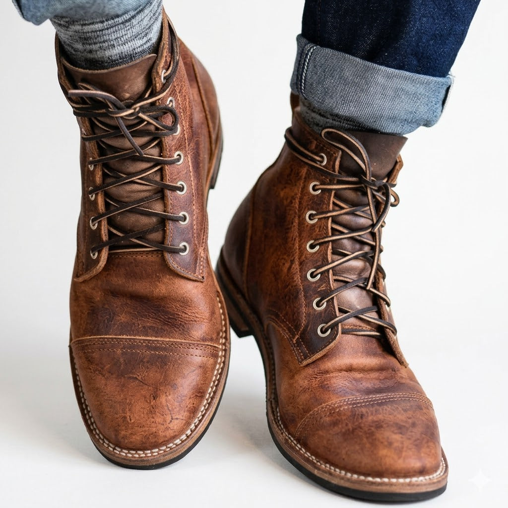Men's Lace-Up Ankle Boots with Cap-Toe and Vintage Finish
