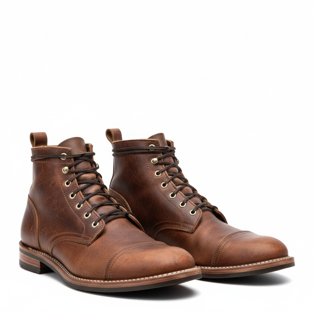 Men's Lace-Up Ankle Boots with Cap-Toe and Vintage Finish
