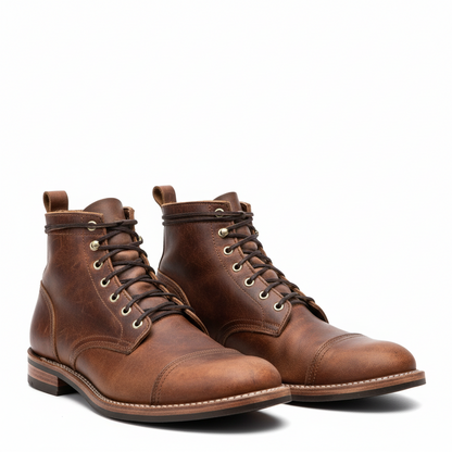 Men's Lace-Up Ankle Boots with Cap-Toe and Vintage Finish