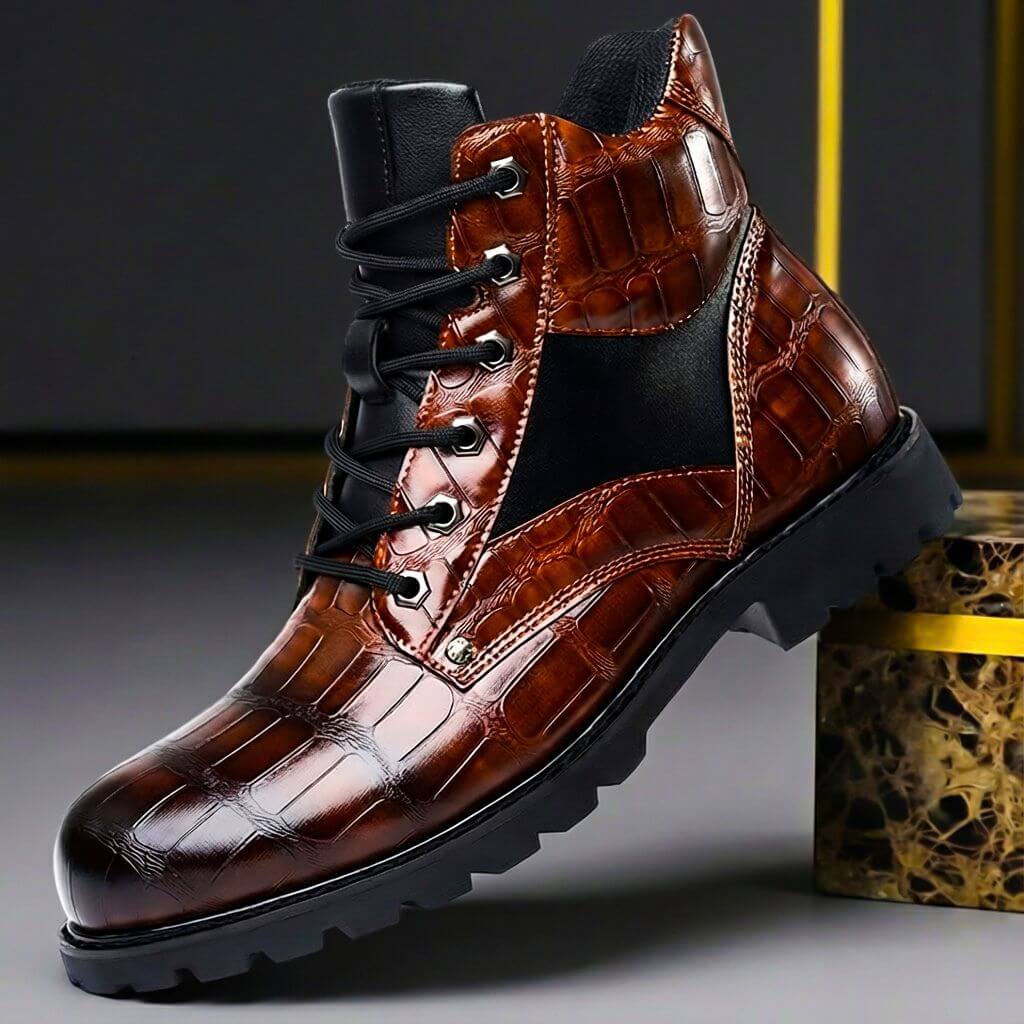 Men's Lace-Up Ankle Boots with Lug Sole and Elastic Side Insert