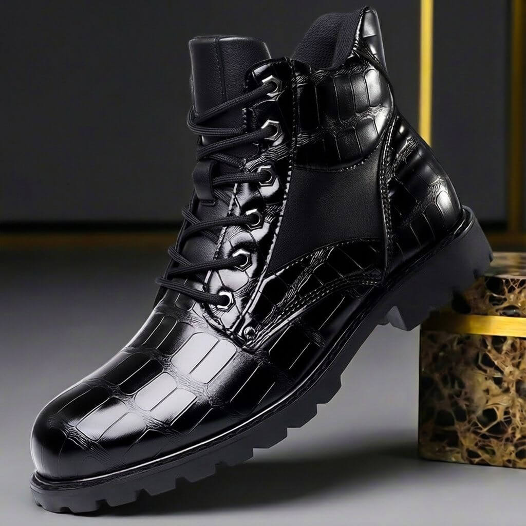 Men's Lace-Up Ankle Boots with Lug Sole and Elastic Side Insert