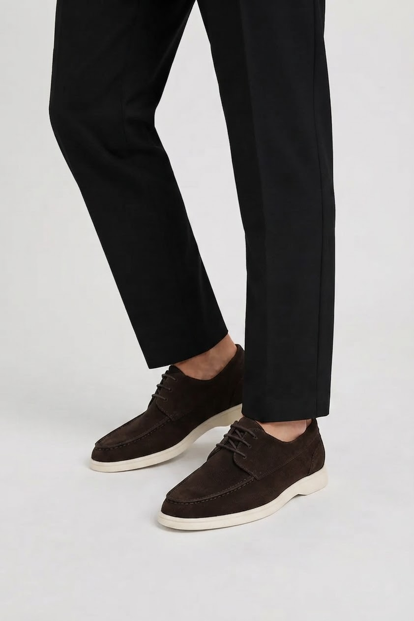 Men's Lace-Up Boat Shoes with Moc Toe and White Sole