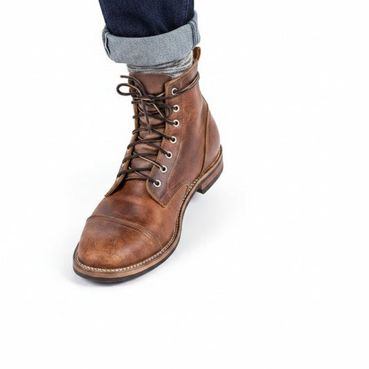 Men's Lace-Up Cap Toe Ankle Boots with Faux Leather Look
