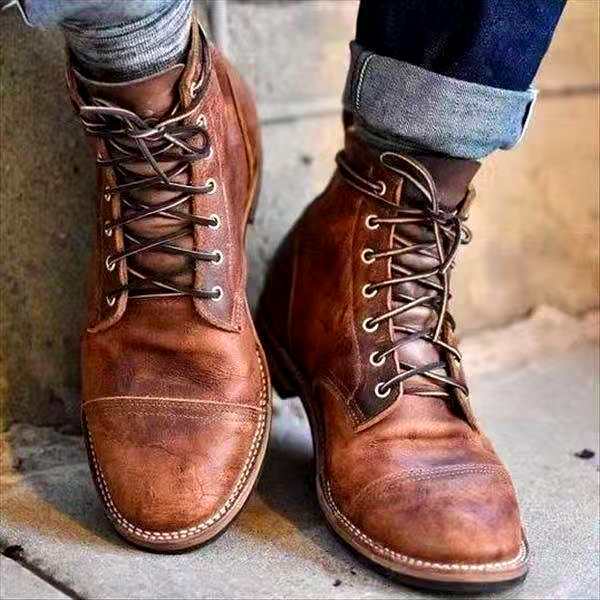 Men's Lace-Up Cap Toe Ankle Boots with Faux Leather Look