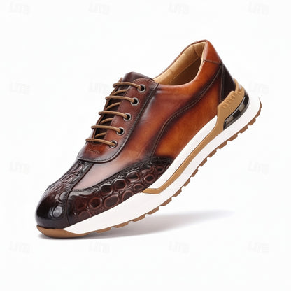 Men's Lace-Up Sneakers with Crocodile-Embossed Toe and Panel Construction