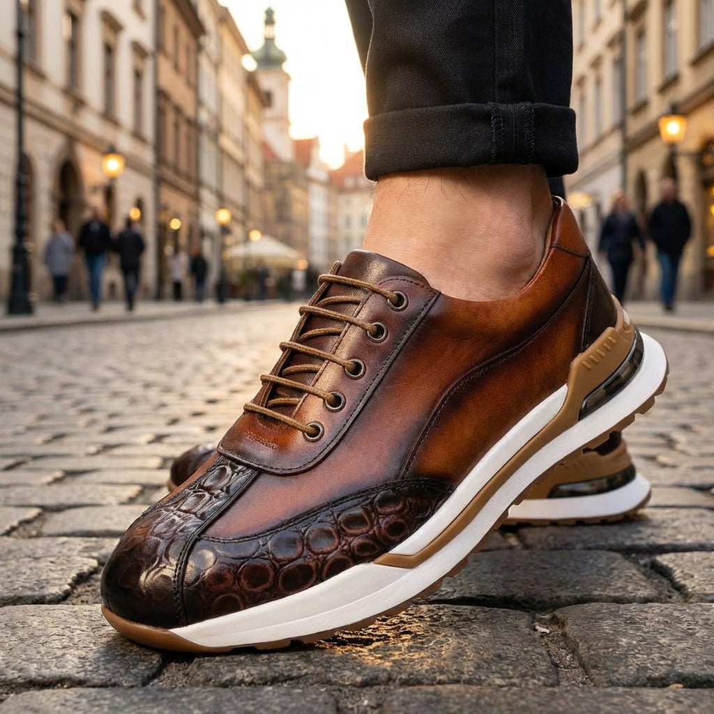 Men's Lace-Up Sneakers with Crocodile-Embossed Toe and Panel Construction