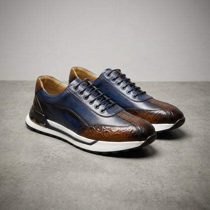 Men's Lace-Up Sneakers with Crocodile-Embossed Toe and Panel Construction