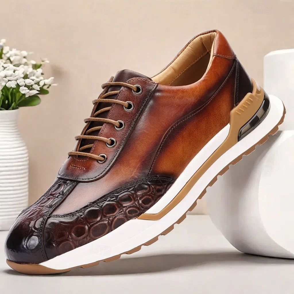 Men's Lace-Up Sneakers with Crocodile-Embossed Toe and Panel Construction