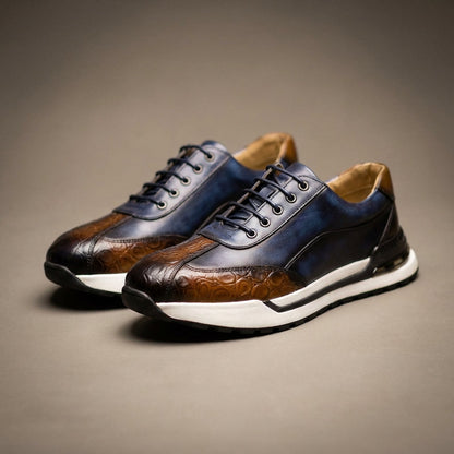 Men's Lace-Up Sneakers with Crocodile-Embossed Toe and Panel Construction